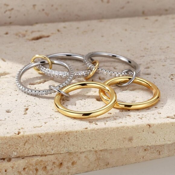 Gold Rings for Women Non Tarnish, 18K Gold Plated Interlocked Stackable Rings, T - Picture 5 of 7